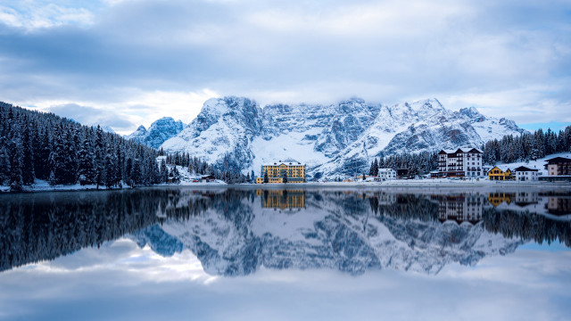 Mountain lake building snowy horizon free wallpaper for desktop - medium preview image