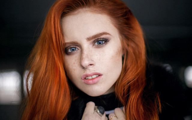 Redhair blueeyes blackjacket bowtie portrait free wallpaper for desktop - medium preview image