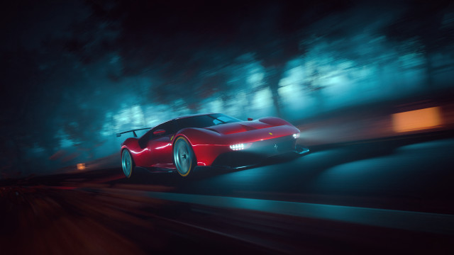 Red sports car night blurry free wallpaper for desktop - medium preview image