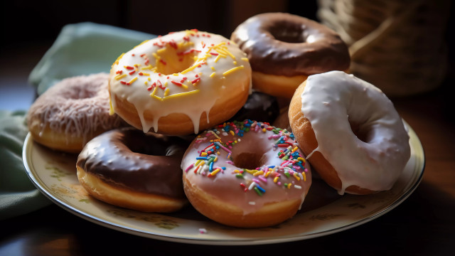 Donuts plate toppings napkin photorealism free wallpaper for desktop - medium preview image