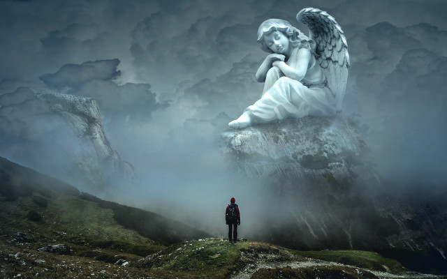Cliff angel statue mountain fantasy free wallpaper for desktop - medium preview image