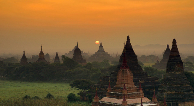 Sunset temples field trees grass free wallpaper for desktop - medium preview image