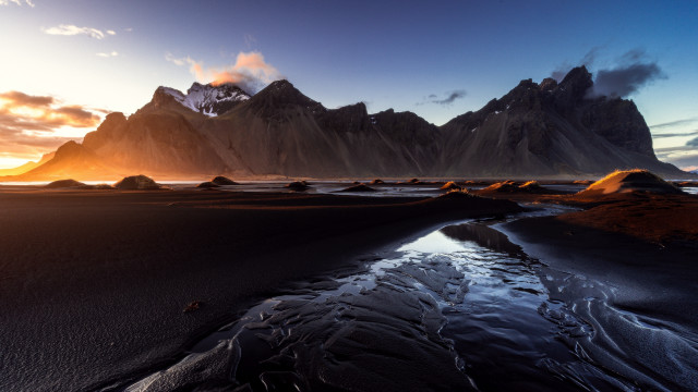 Mountain stream sunset clouds rays free wallpaper for desktop - medium preview image