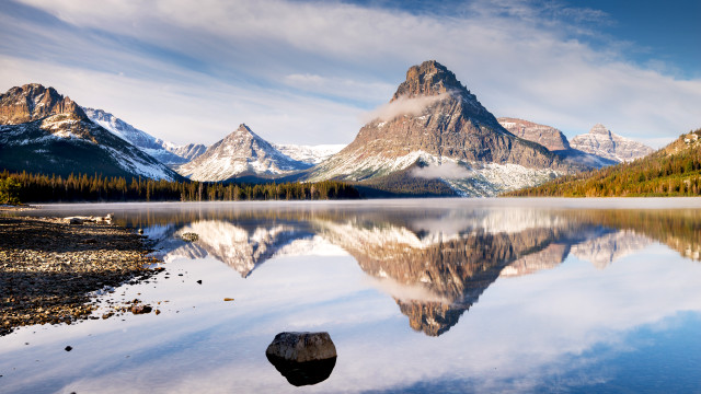 Mountain reflection lake rock trees free wallpaper for desktop - medium preview image
