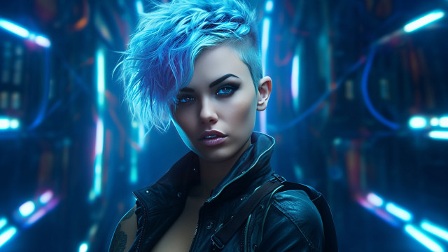 Blue hair leather jacket cyberpunk free wallpaper for desktop - medium preview image