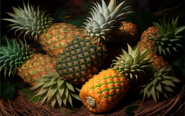 Pineapples basket table photorealism stilllife free wallpaper for desktop - medium preview image