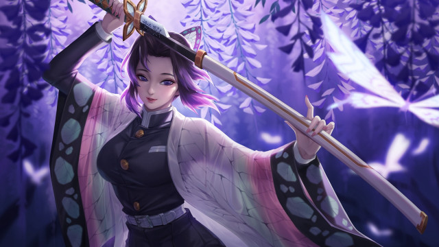 Woman holding sword purple forest free wallpaper for desktop - medium preview image