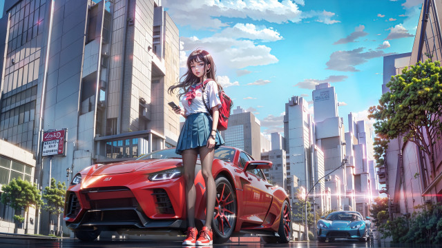 Girl car city street sky free wallpaper for desktop - medium preview image