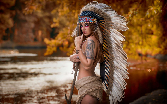 Woman feather headdress tribal river free wallpaper for desktop - medium preview image