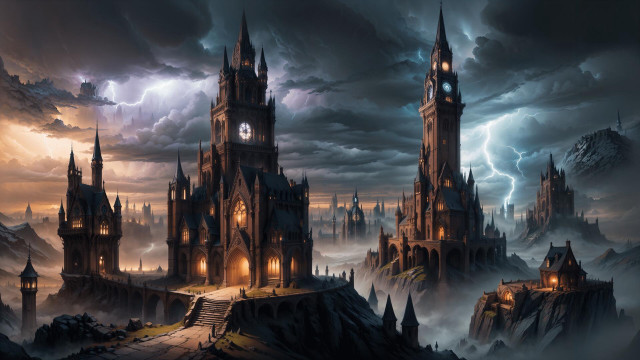 Castle clock tower lightning clouds free wallpaper for desktop - medium preview image
