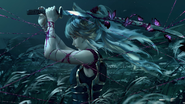 Woman knife field purple flowers free wallpaper for desktop - medium preview image