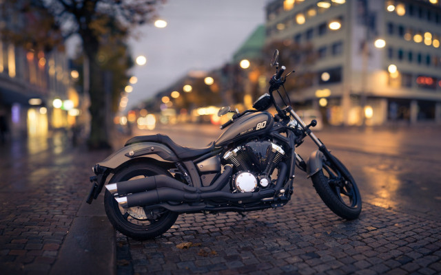 Motorcycle rainy night brick road free wallpaper for desktop - medium preview image