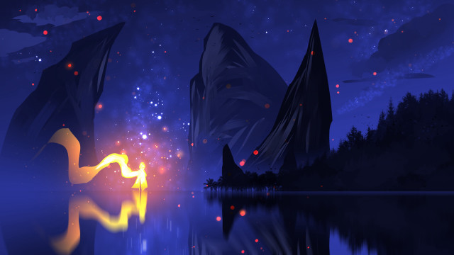 Lake mountains stars fireworks astronaut free wallpaper for desktop - medium preview image