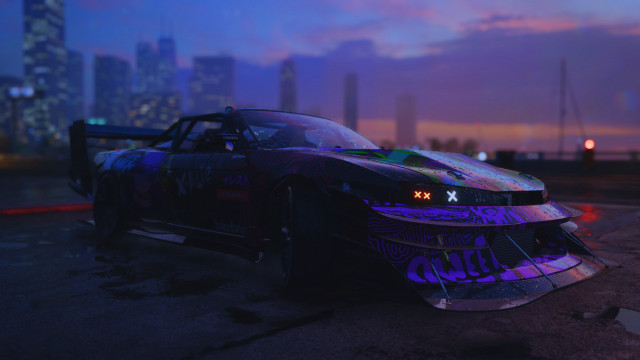Purple blue car city skyline free wallpaper for desktop - medium preview image