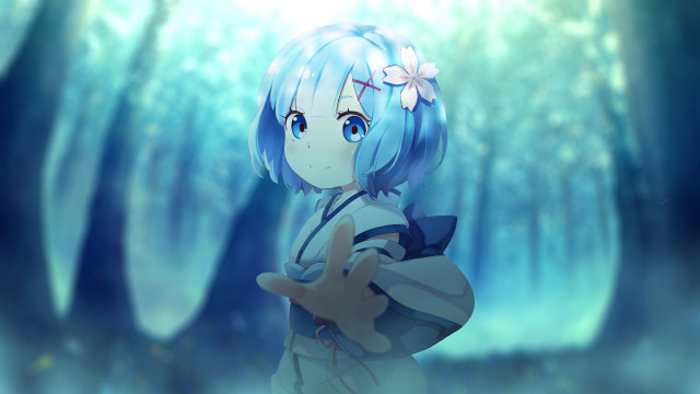 Blue haired girl forest kawaii free wallpaper for desktop - medium preview image