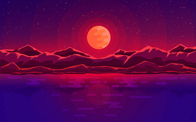 Red moon mountain lake synthwave free wallpaper for desktop - medium preview image