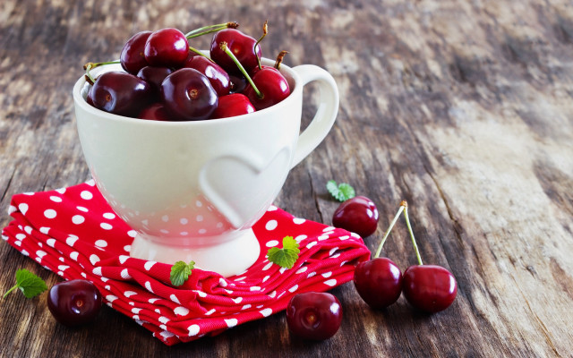 White cup cherries wooden table free wallpaper for desktop - medium preview image