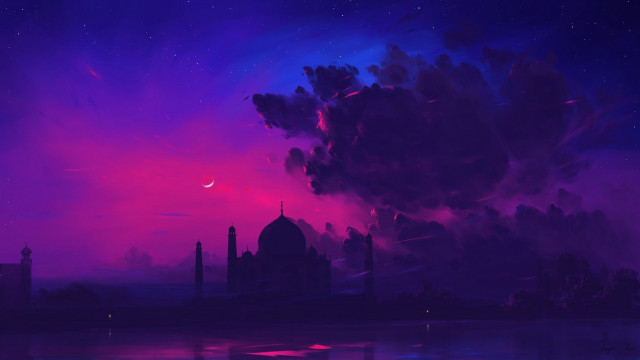 Purple sky building crescent moon free wallpaper for desktop - medium preview image
