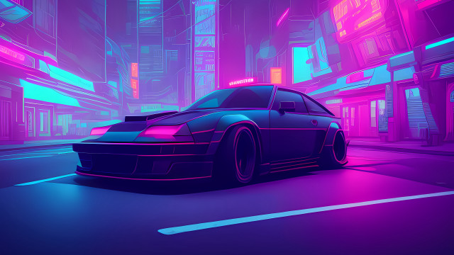 City street neon lit car free wallpaper for desktop - medium preview image