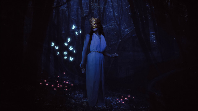 Woman blue dress forest butterflies free wallpaper for desktop - medium preview image