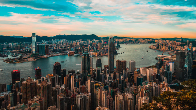 City skyline mountain water beach free wallpaper for desktop - medium preview image