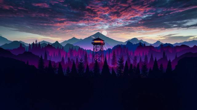 Mountain tower forest sunset purple free wallpaper for desktop - medium preview image