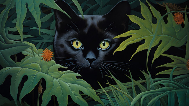 Black cat jungle flowers yellow free wallpaper for desktop - medium preview image