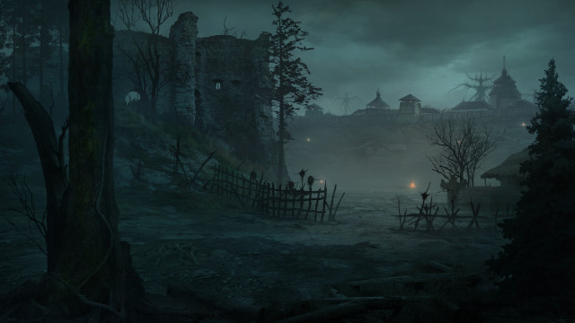 Dark forest castle foggy night free wallpaper for desktop - medium preview image