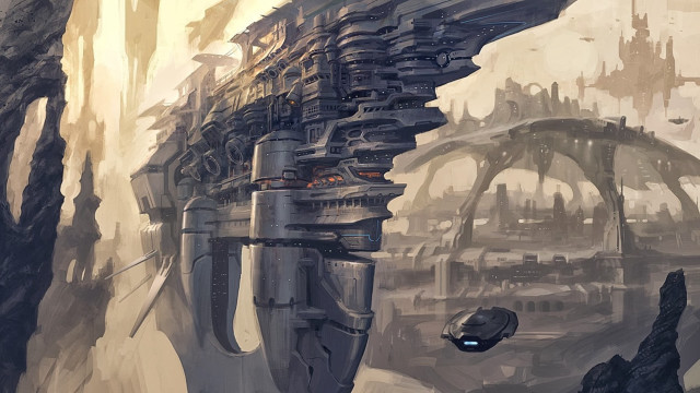 Futuristic city bridge spaceship afrofuturism free wallpaper for desktop - medium preview image