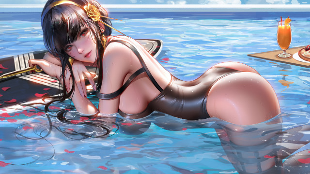 Woman bikini surfboard drink donuts free wallpaper for desktop - medium preview image