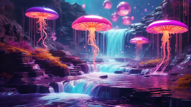 Jellyfish waterfall reflection sunset boat free wallpaper for desktop - medium preview image