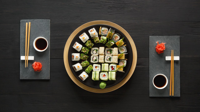 Sushi plate chopsticks sauces coffee free wallpaper for desktop - medium preview image