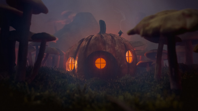 Mushrooms house glowing windows halloween free wallpaper for desktop - medium preview image