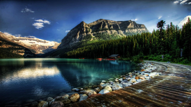 Lake dock cabin mountains clouds free wallpaper for desktop - medium preview image