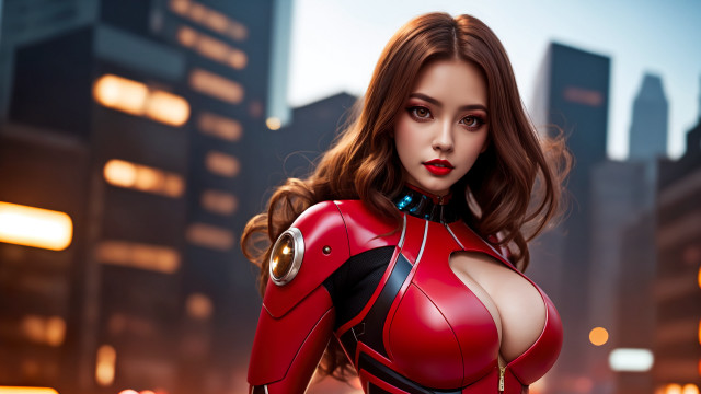 Woman red suit cyberpunk city free wallpaper for desktop - medium preview image