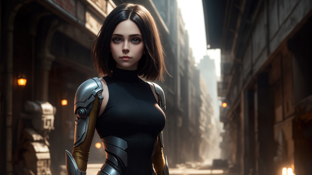 Futuristic woman cyberpunk armor city free wallpaper for desktop - medium preview image