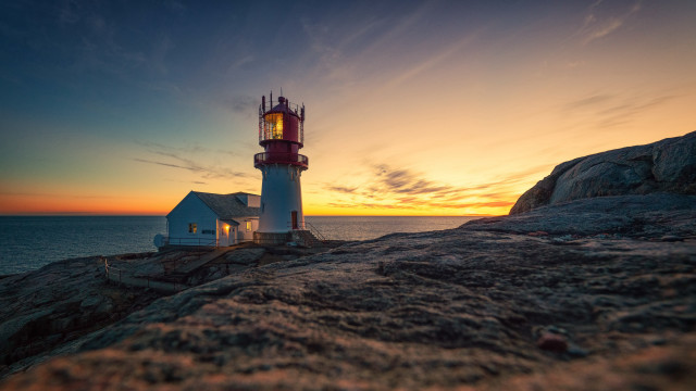 Lighthouse rockycliff sunset houselight artpuzzle free wallpaper for desktop - medium preview image