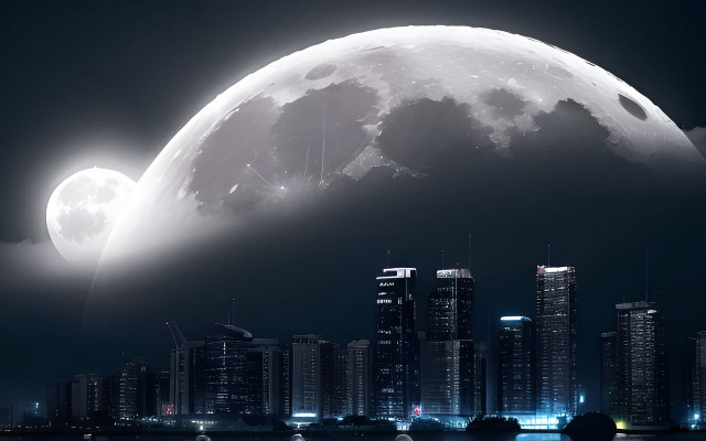 City skyline moon boat night free wallpaper for desktop - medium preview image