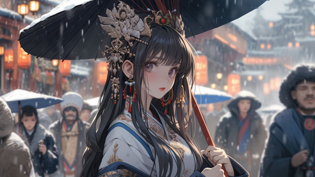 Woman umbrella rain crowd festival free wallpaper for desktop - medium preview image
