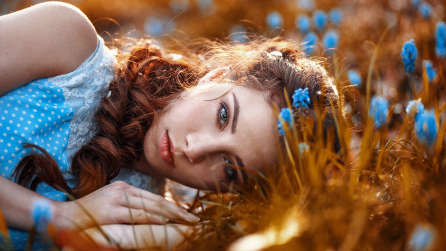 Woman blueflowers cinematic photorealistic portrait free wallpaper for desktop - medium preview image