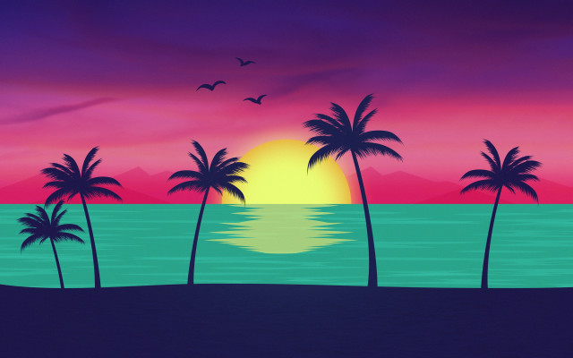 Sunset palm trees beach bird free wallpaper for desktop - medium preview image
