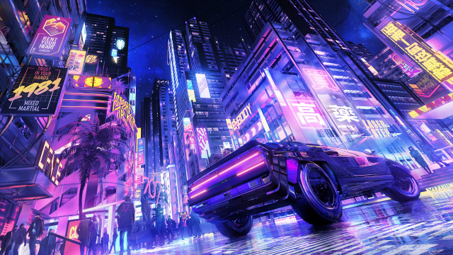 Futuristic city neon lights cyberpunk free wallpaper for desktop - medium preview image