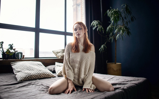 Woman sitting bed window plant free wallpaper for desktop - medium preview image