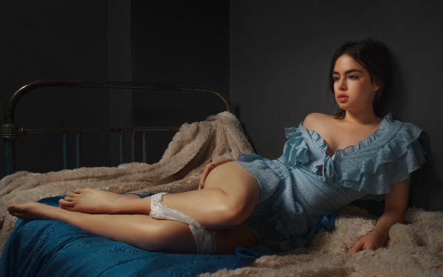 Woman blue dress bed crossed free wallpaper for desktop - medium preview image