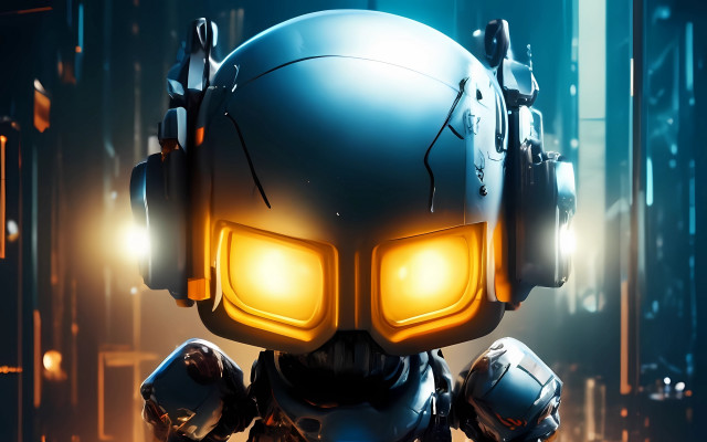 Robot glowing eyes helmet dark free wallpaper for desktop - medium preview image
