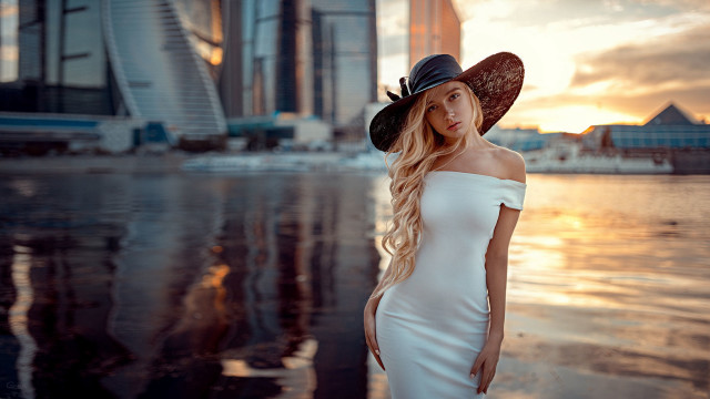 Woman white dress hat sunset #3 free wallpaper for desktop - medium preview image
