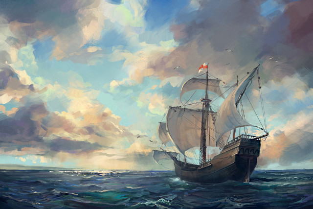 Ship ocean cloudy sky birds free wallpaper for desktop - medium preview image
