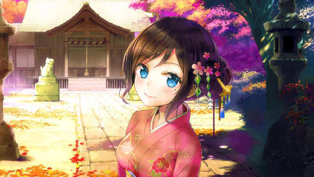 Kimono girl autumn flowers anime free wallpaper for desktop - medium preview image