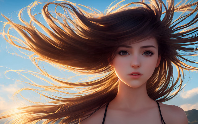 Woman flying long hair cloudy free wallpaper for desktop - medium preview image