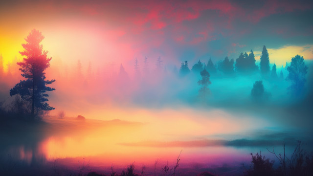 Colorful sunset trees water foggy free wallpaper for desktop - medium preview image